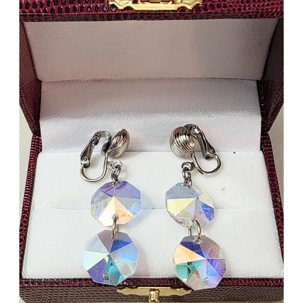 Vintage MCM Dangle Clip-On Aurora Borealis Crystal Earrings